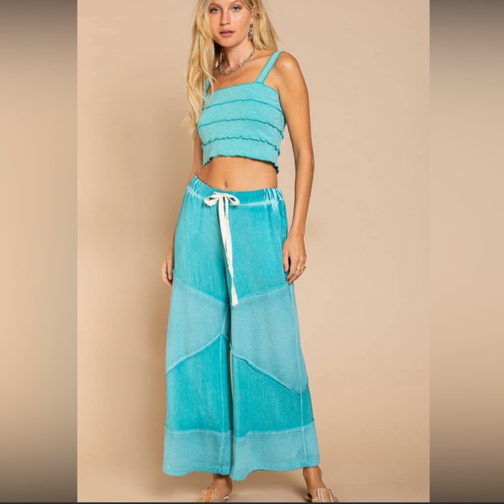 POL - AQUA GREEN Wide Leg Lounge Pants Lightweight Loose Knit Pants - Picture 5 of 12